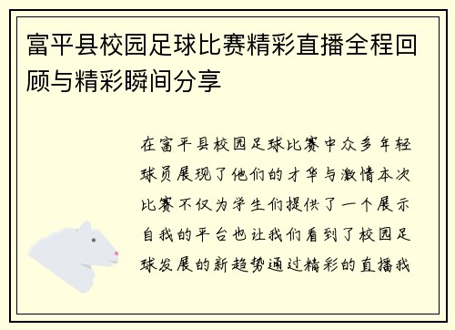 富平县校园足球比赛精彩直播全程回顾与精彩瞬间分享
